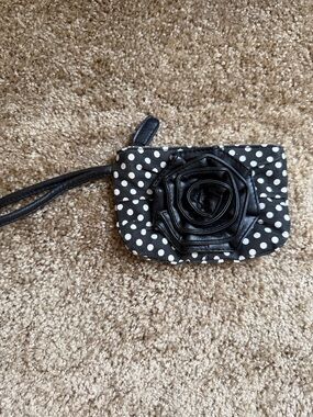 Payless Black and White Polka Dot Wristlet with Flower Accent